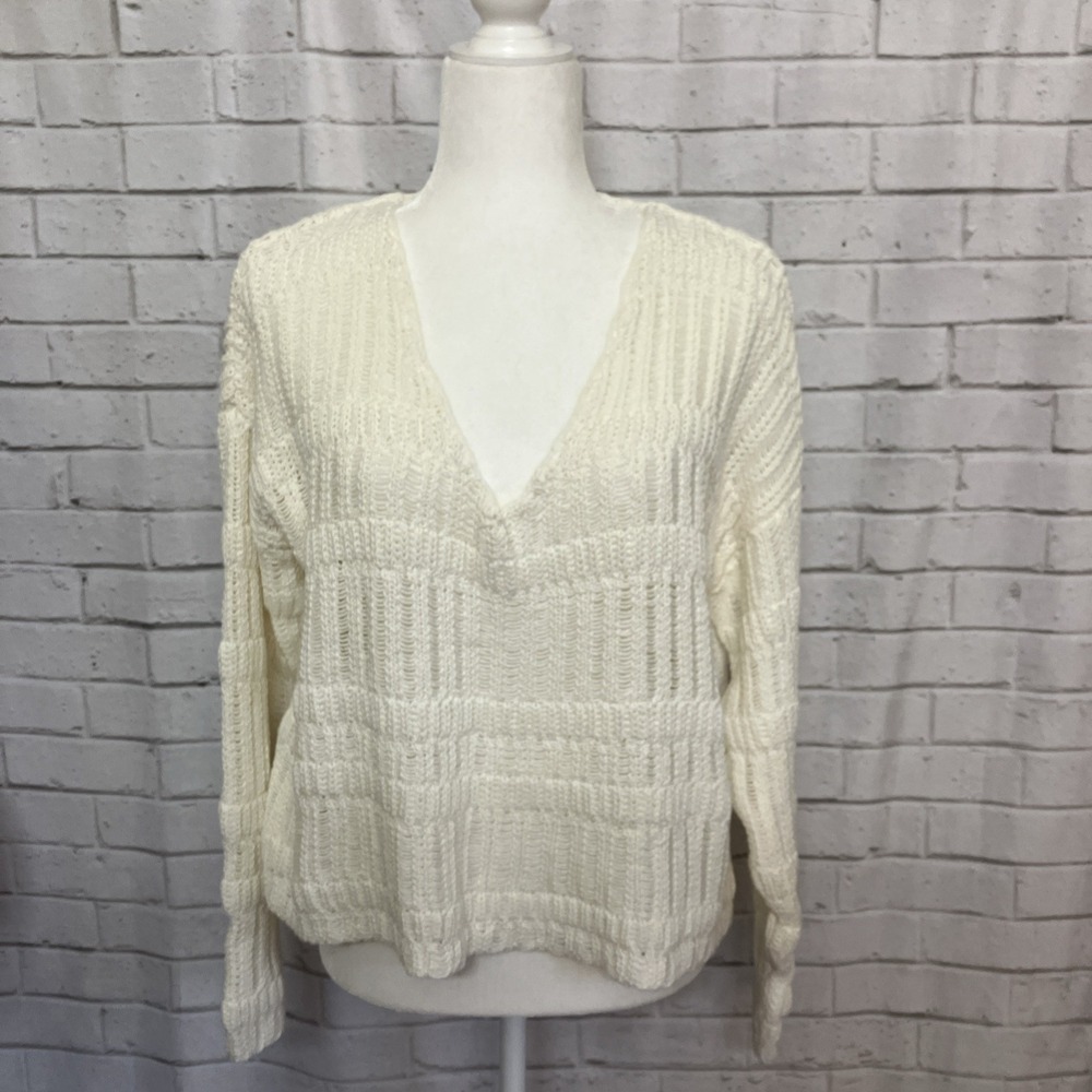 Pink Lily Sweater Womens Large Cream Oversized Loose Knit V Neck Pullover